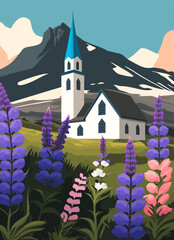 Church and lupine flowers in the mountains. Vector illustration. - obrazy, fototapety, plakaty