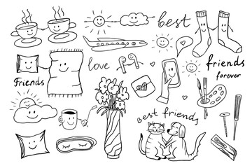 Big friendship clipart set in  doodle style. Cute collection with quotes, hearts, sweet, drinks, cats, dogs, sun, space, cups, party decoration. Hand drawn icons