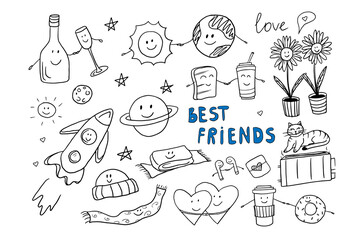Cute friendship clipart set in  doodle style. Big collection with quotes, hearts, sweet, drinks, cats, dogs, sun, space, cups, party decoration. Hand drawn icons
