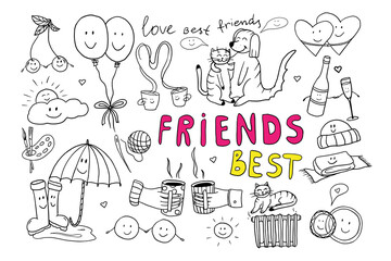 Big cartoon friendship clipart set in  doodle style. Cute collection with quotes, hearts, sweet, drinks, ballons, cats, dogs, sun, space, cups, party decoration. Hand drawn icons