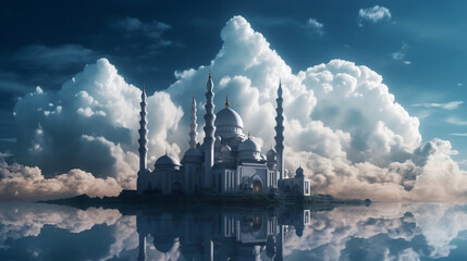 a beautiful mosque is clouds post for jummah mubarak, Generative Ai