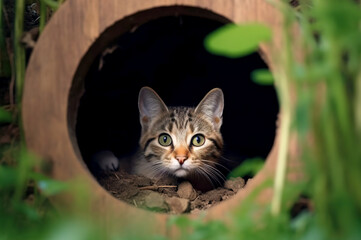 Naklejka na ściany i meble A striped cat is hiding in a dark hole, in a hole.