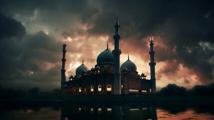 Obraz premium a beautiful mosque is clouds post for jummah mubarak, Generative Ai