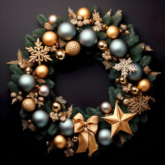christmas wreath with golden toys top view