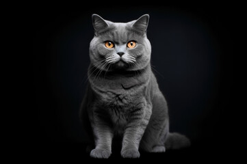 British gray cat on a black background.
