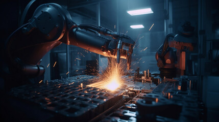 A robotic hand welding, signifying smart factory operations and the Industry 4.0 revolution. The automation and digital transformation in modern manufacturing processes, Generative Ai