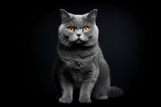 British gray cat on a black background.