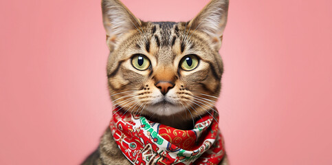 Charming cat in a bandana around his neck on a colored background.