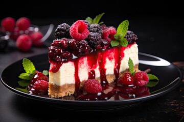 Homemade tasty cheesecake with jelly and raspberry berries on a black plate