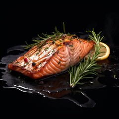Food photography barbcue trout fish background square - Grilled salmon fish steak (Generative Ai).