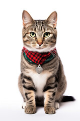 Obraz premium Charming cat in a bandana around his neck on a white background.