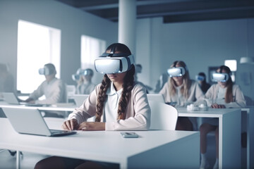 View of students sitting by desks wearing augmented reality headsets. generative AI