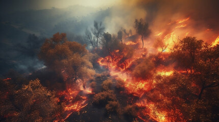 Obraz na płótnie Canvas Devastating phenomenon of wildfires. The power and destructive nature of these uncontrollable blazes, Generative Ai