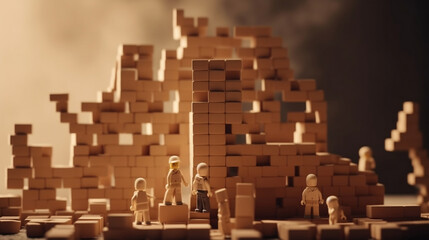Building habits concept. A small people figure stacking bricks, metaphorically signifying the gradual construction of personal habits and the discipline required, Generative Ai