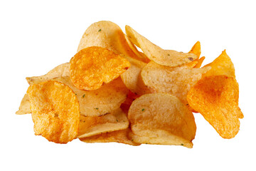 Heap of potato chips isolated on transparent background. Organic and all-natural delicious snack