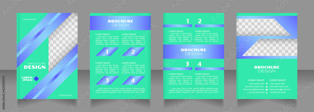 Wall mural State intervention turquoise blank brochure design. Template set with copy space for text. Premade corporate reports collection. Editable 4 paper pages. Syncopate, Poller One, Arial Regular fonts used