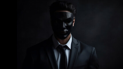 Concept of a liar, a man in a suit wearing black mask. Hiding his true identity, intentions, or actions. The sense of manipulation. A powerful representation of dishonesty and deception, Generative Ai - obrazy, fototapety, plakaty