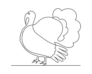 Turkey bird one line art, poultry continuous contour drawing,hand-drawn Thanksgiving Day traditional food,festive design decoration outline.Editable stroke.Isolated.Vector illustration