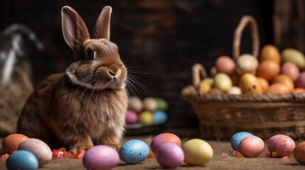 Fototapeta na wymiar Cute little easter bunny, with chocolates eggs, Generative Ai