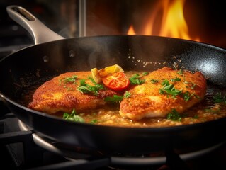 golden-brown Escalope de Dinde being cooked in a skillet