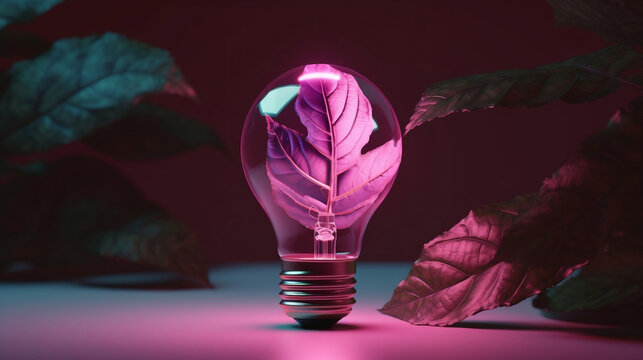 Green energy concept, light bulb with leaves, set against modern pink and violet hues. This image speaks to the stylish and approachable side of sustainability, Generative Ai
