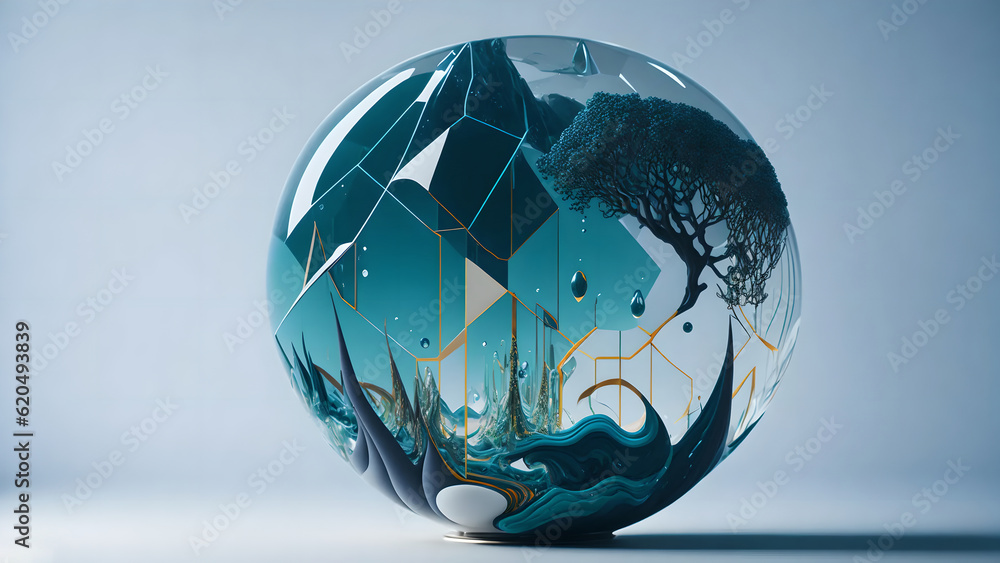 Wall mural abstract landscape, surrealism, geometric shapes, glass sphere, ai generated art, meditation, relaxa