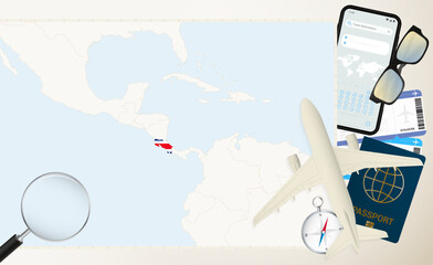 Costa Rica map and flag, cargo plane on the detailed map of Costa Rica with flag.