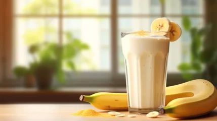 Fototapeten Food photography background - Healthy banana smoothie milkshake in glass with bananas on table (Generative Ai) © Corri Seizinger