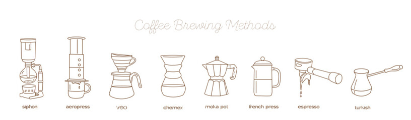 Manual alternative coffee brewing methods and tools hand drawn doodle style icons. Pour over, drip, syphon, moka, v60, aeropress coffee. Vector set minimalist doodle isolated illustration for menu. - obrazy, fototapety, plakaty