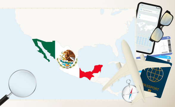 Mexico map and flag, cargo plane on the detailed map of Mexico with flag.