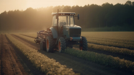 Fototapeta premium Solar powered agricultural robot industriously operating in the field. This represents the intersection of sustainability, technology, and agriculture, Generative Ai