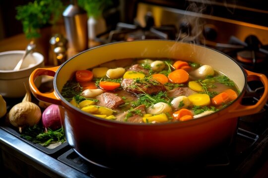 Pot-au-Feu simmering on the stove, showcasing the rich broth and colorful vegetables