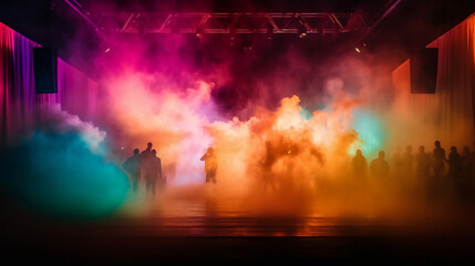 Vibrant stage in the glow of colored spotlights, with smoke adding an air of mystery and drama. The image captures the anticipation and excitement inherent in live performances, Generative Ai