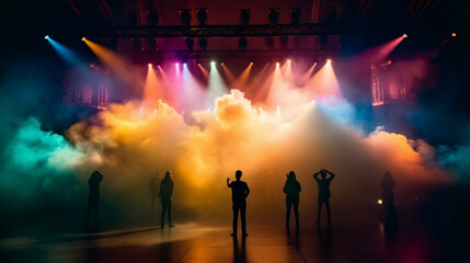Vibrant stage in the glow of colored spotlights, with smoke adding an air of mystery and drama. The image captures the anticipation and excitement inherent in live performances, Generative Ai