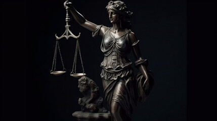 Themis statue, symbol of law and justice, holding scales and blindfolded, representing balance and impartiality. It symbolizes the legal system, ethics, and civil rights., Generative Ai - obrazy, fototapety, plakaty