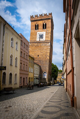 Zabkowice Slaskie, Poland – 06.10.2023: The Leaning tower (Krzywa Wieza), turist attraction in Lower Silesian town.