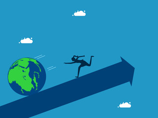 world economic problems. woman chasing the falling world. vector