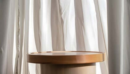 Fototapeta na wymiar cup of coffee,Luxury cosmetic, skincare, beauty treatment, fashion product, empty modern round wooden podium side table in soft white blowing drapery curtain drapes fabric, home