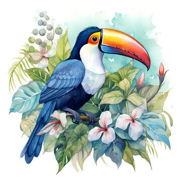 recommend clip art: Watercolor toucan bird, isolated in white background, illustration.