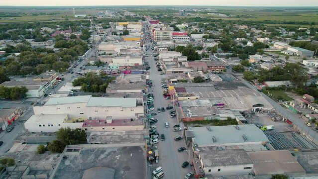 Aerial over Nuevo Progreso, a border town located in the state of Tamaulipas, Mexico. The southern bank of the Rio Grande River, the international border between Mexico and the United States.