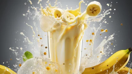 Fototapeten Food photography background - Healthy banana smoothie milkshake in glass with splashes and bananas on table (Generative Ai) © Corri Seizinger