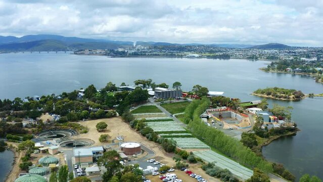 Drone Flyover MONA Museum Of Old And New Art Hobart, Construction Architecture With River View, Tasmania 4K