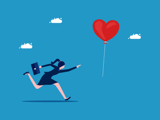 Businesswoman chasing heart balloons. love and satisfaction vector