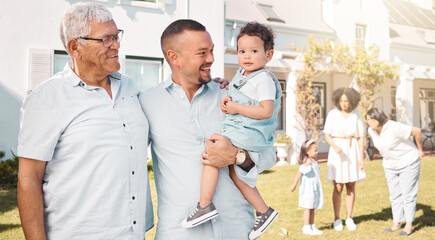 Fototapeta premium Father, grandma or portrait of child in new home or real estate with a happy family with love or care. House, garden or senior grandparent with a happy man or young boy kid with a smile on a property