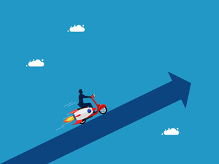 rapid growth. Businessman riding a motorcycle with a rocket on an arrow. Vector