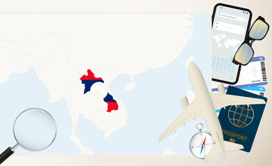 Laos map and flag, cargo plane on the detailed map of Laos with flag.