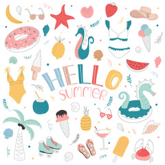 Set of cute doodle cartoon summer elements with lettering Hello summer: ice cream, swimwear, pool ring, fruits, seashells, etc. Summer time concept for posters, stickers, design, scrapbooking.