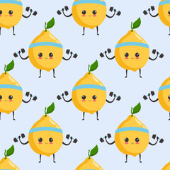 Seamless pattern with cartoon sports lemons with dumbbells.