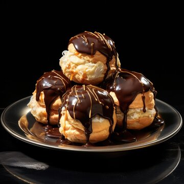 Profiteroles on a platter with a chocolate drizzled, generative ai