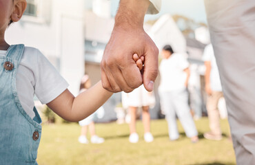 Closeup, parent or child holding hands in new home or real estate as family bonding with love or...